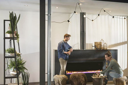 Element4 Summum 140 front outdoor in moderne woonkamer met brandend haardvuur