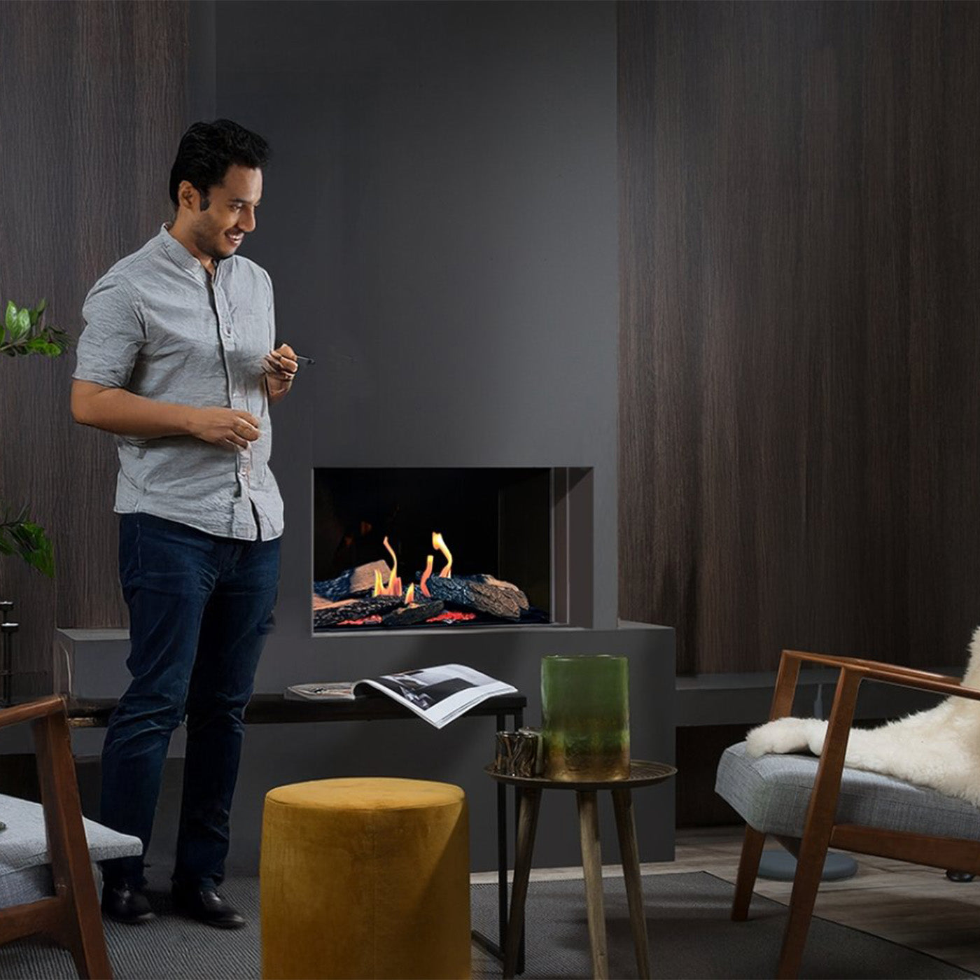 Element4 Summum 70 front Bio in moderne woonkamer met brandend haardvuur