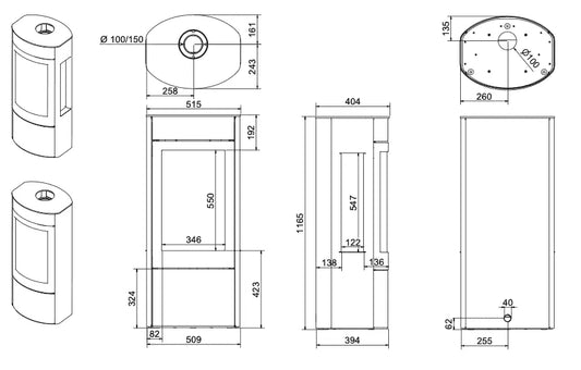 Technische tekening van Wanders Tali XL 3-zijdig gaskachel met gedetailleerde afmetingen en aanzichten.