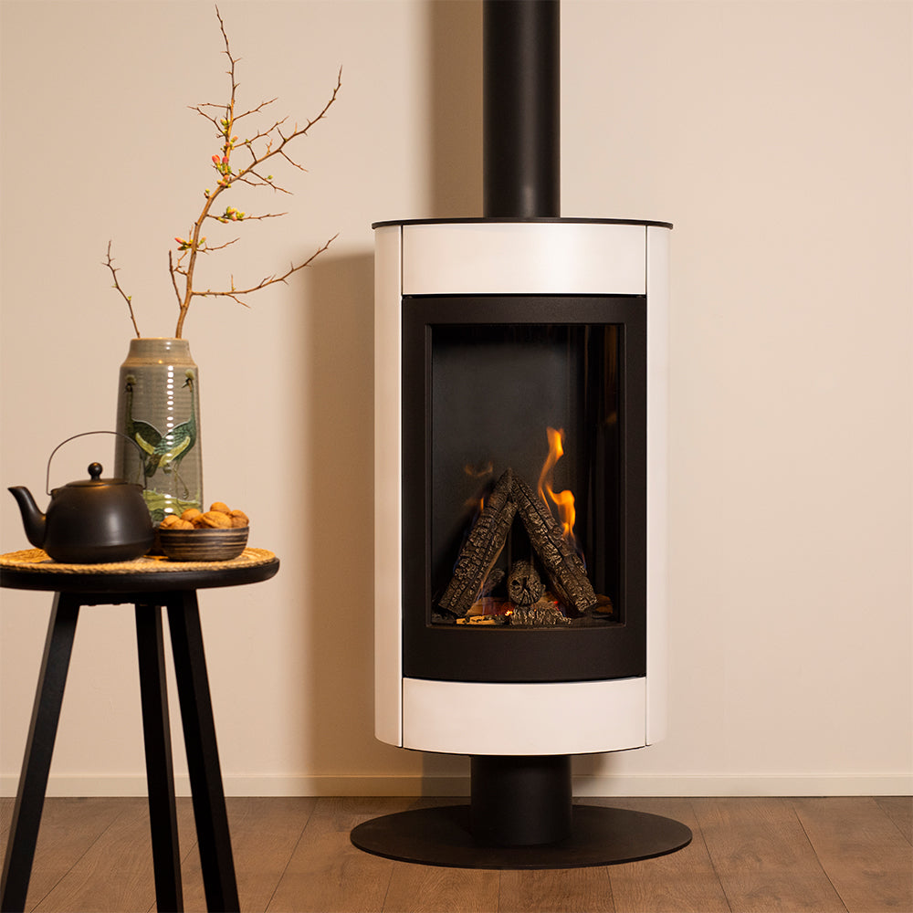 Wanders Tali Base Round gaskachel in moderne woonkamer met brandend vuur