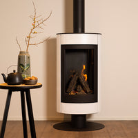 Wanders Tali Base Round gaskachel in moderne woonkamer met brandend vuur