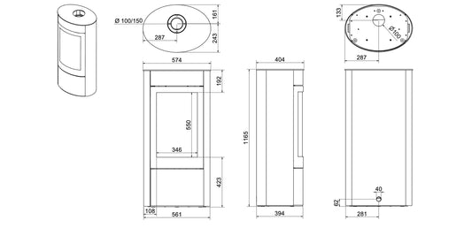 Technische tekening van de Wanders Tali XL gaskachel met afmetingen en bovenaanzicht.