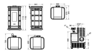 Technische tekening van Thermorossi Saint Moritz Plus pelletkachel met gedetailleerde afmetingen.