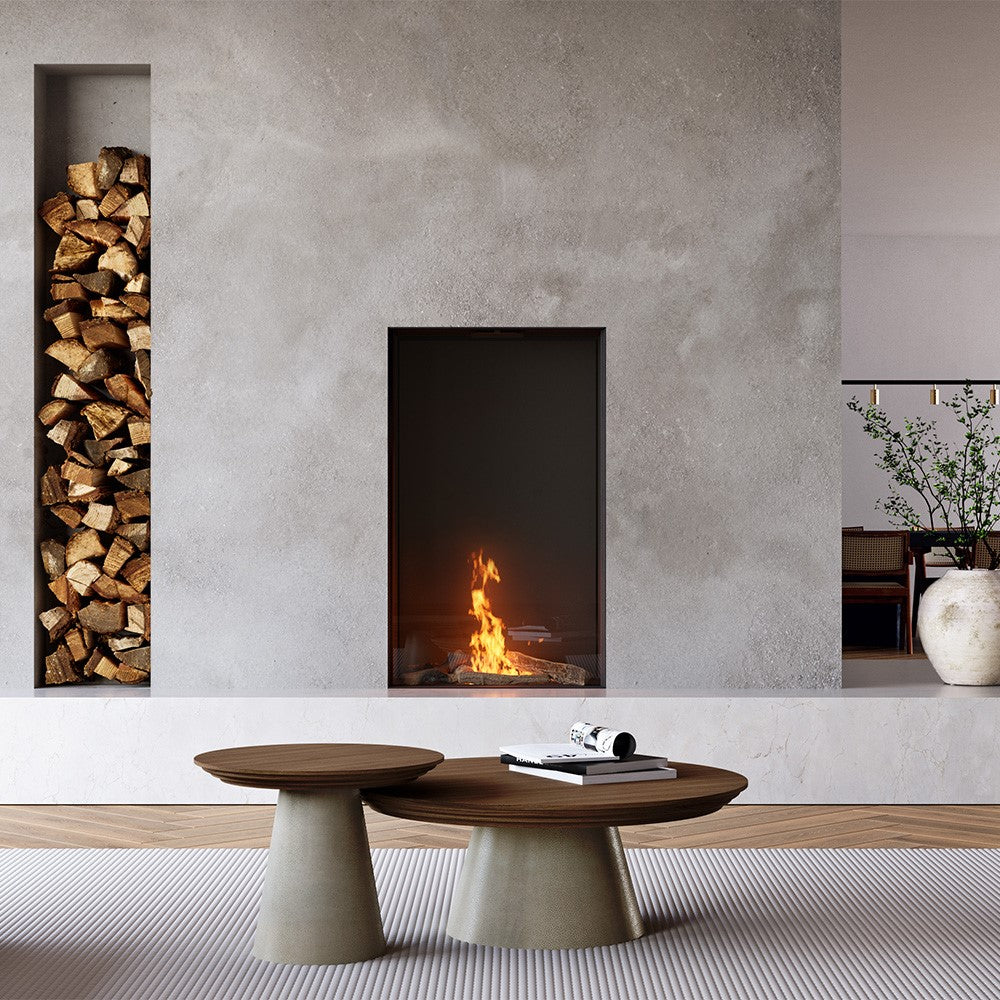 Element4 Sky Medium Front Bio in moderne woonkamer met ingebouwde haard en brandend vuur