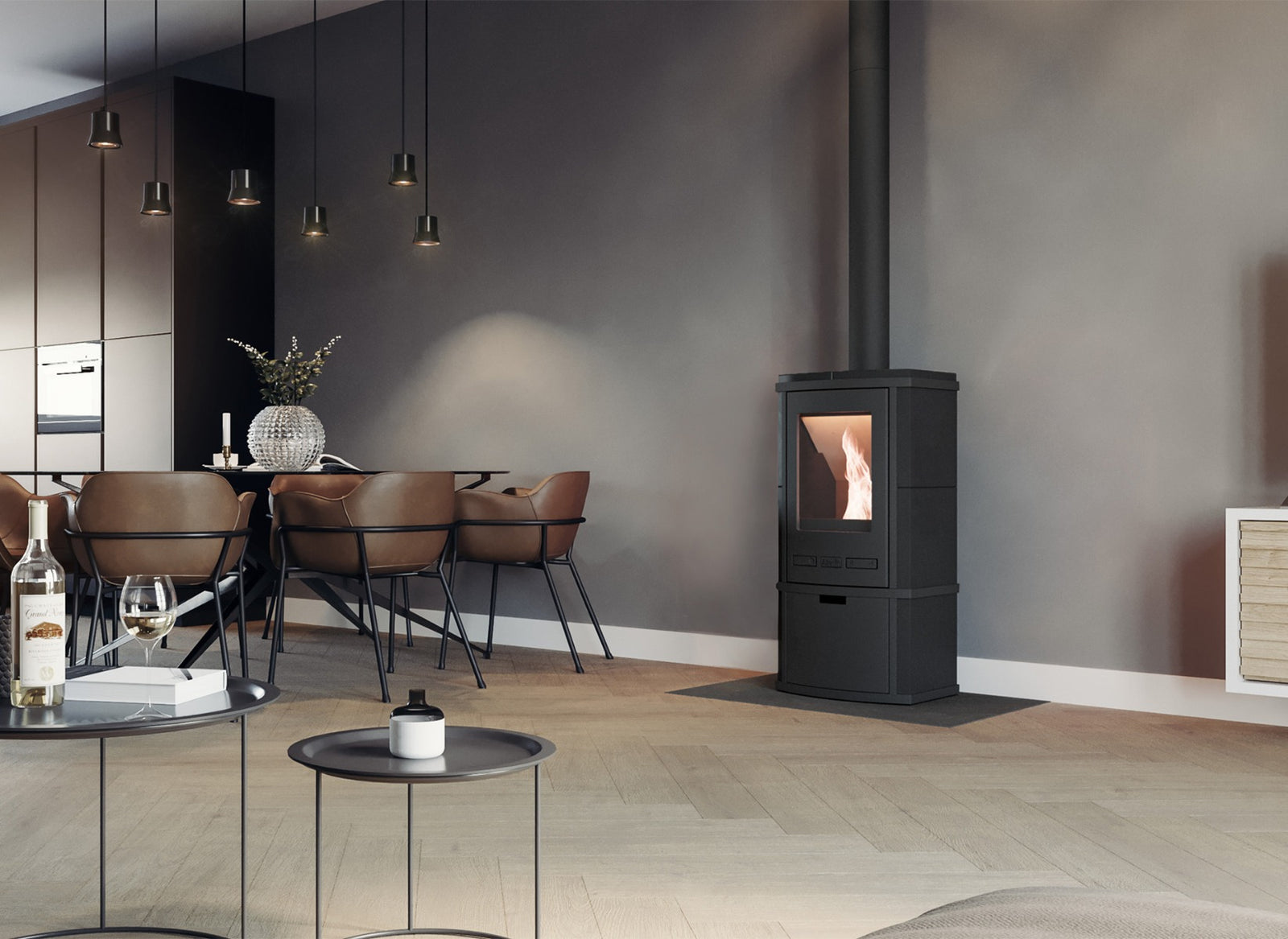 Altech Torus pelletkachel in moderne woonkamer met brandend vuur