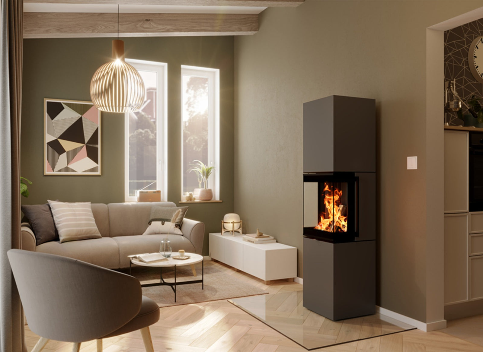 Spartherm Trico L in een moderne woonkamer met brandend vuur