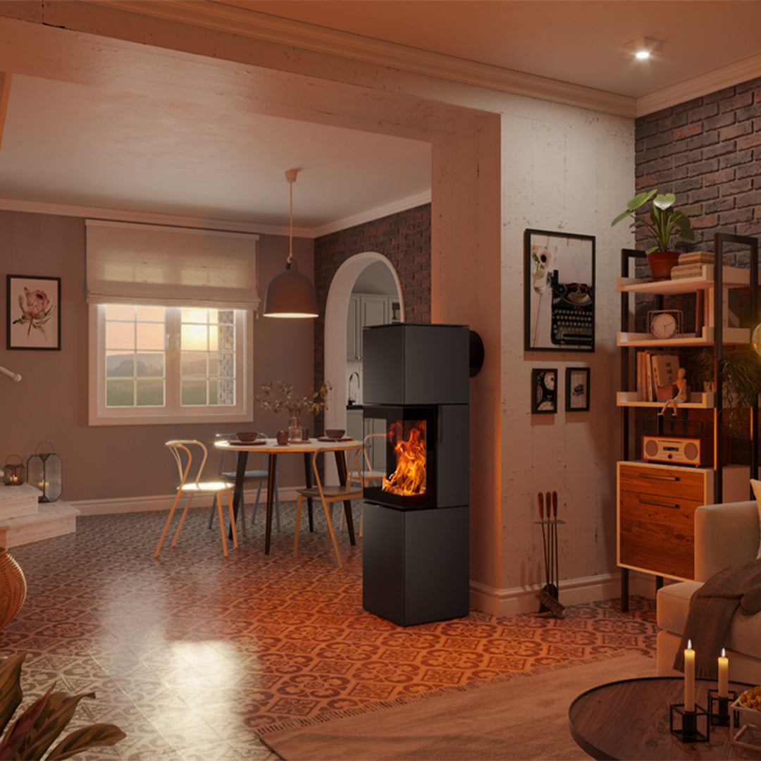 Spartherm Trico S in moderne woonkamer met brandend vuur