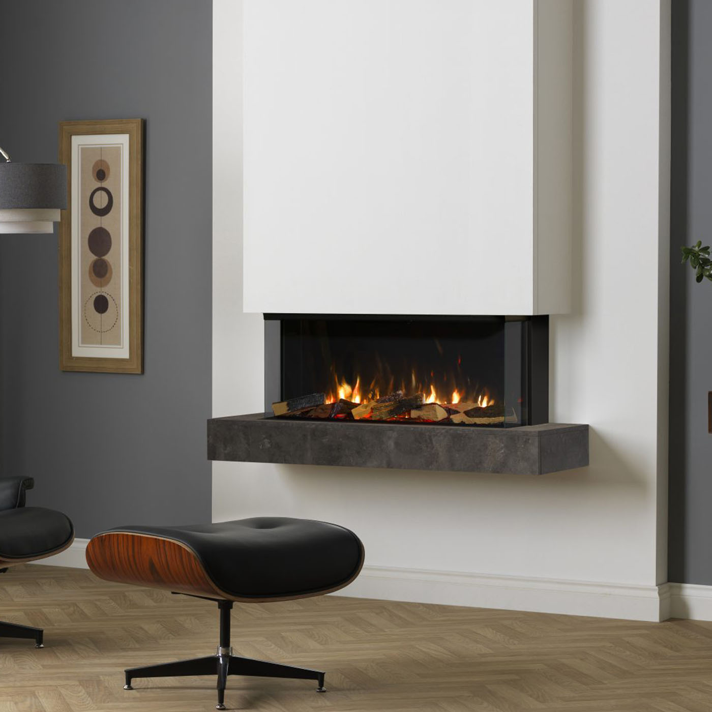 Trimline Fires 100E Solus in moderne woonkamer met hangende haard