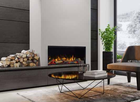 Trimline Fires 100E Solus in moderne woonkamer met ingebouwde haard