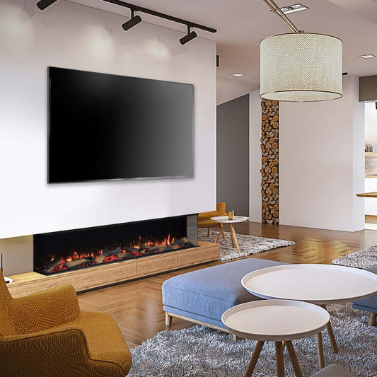 Trimline Fires 180E Solus ingebouwd in moderne woonkamer met tv en vlammen