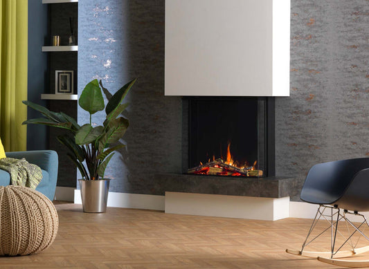 Trimline Fires 75E Solus ingebouwd in moderne woonkamer met brandend haardvuur