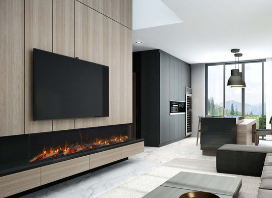 Trimline Fires 220E Solus ingebouwd onder tv, met vlammen