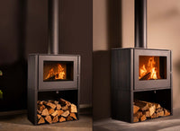 Trimline Fires Woody Loft 3H houtkachel met brandend vuur en houtopslag