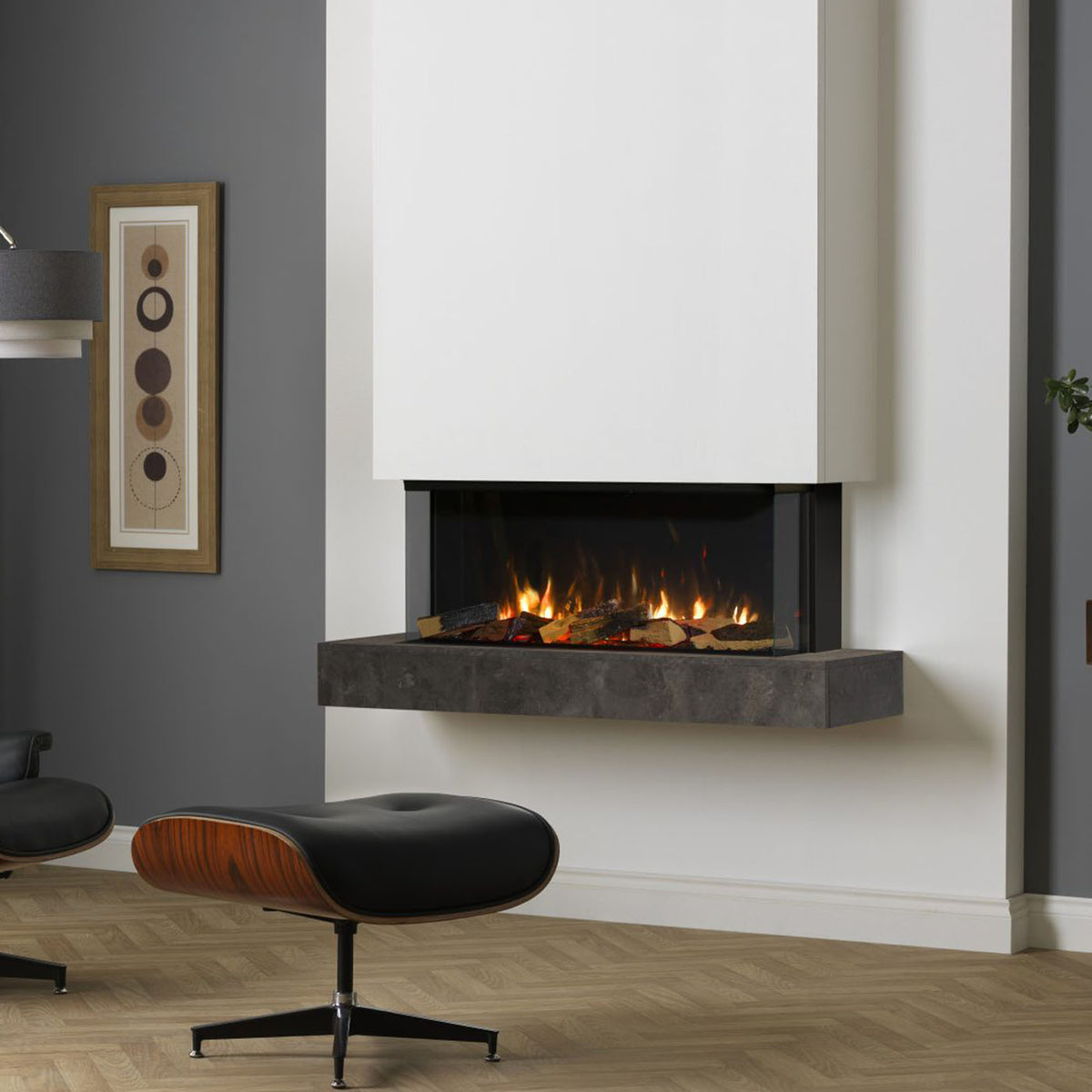 Trimline Fires 100E Solus in moderne woonkamer met hangende haard