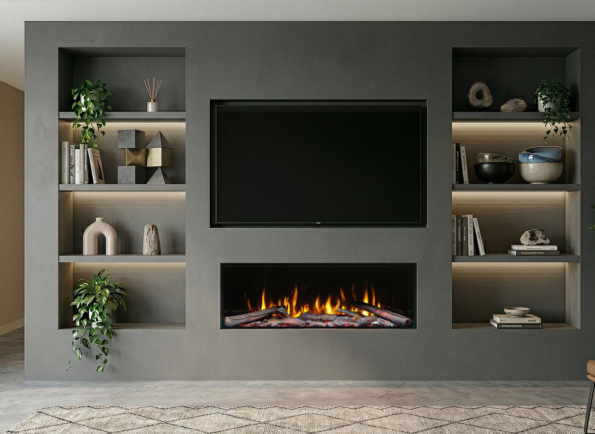 Trimline Fires 100E Solus Plus ingebouwd in een wandmeubel met brandende houtblokken en boekenplanken
