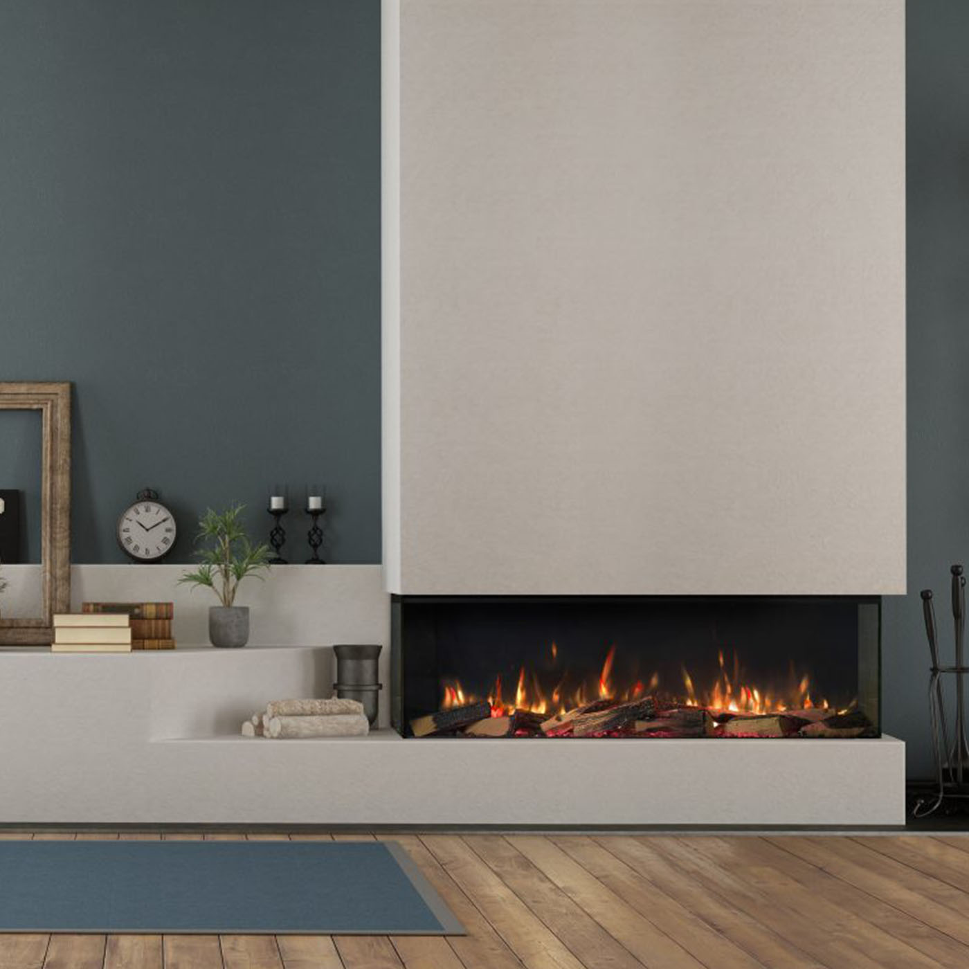 Trimline Fires 130E Solus in moderne woonkamer met brede haard en vlammen