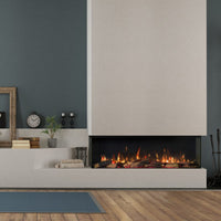 Trimline Fires 130E Solus in moderne woonkamer met brede haard en vlammen