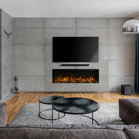 Trimline Fires 130E Solus Plus brandt onder een televisie in een moderne woonkamer