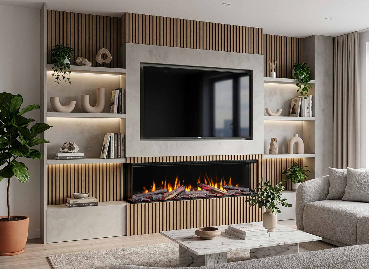 Trimline Fires 130E Solus Plus met brandend vuur in een moderne woonkamer onder een televisie.