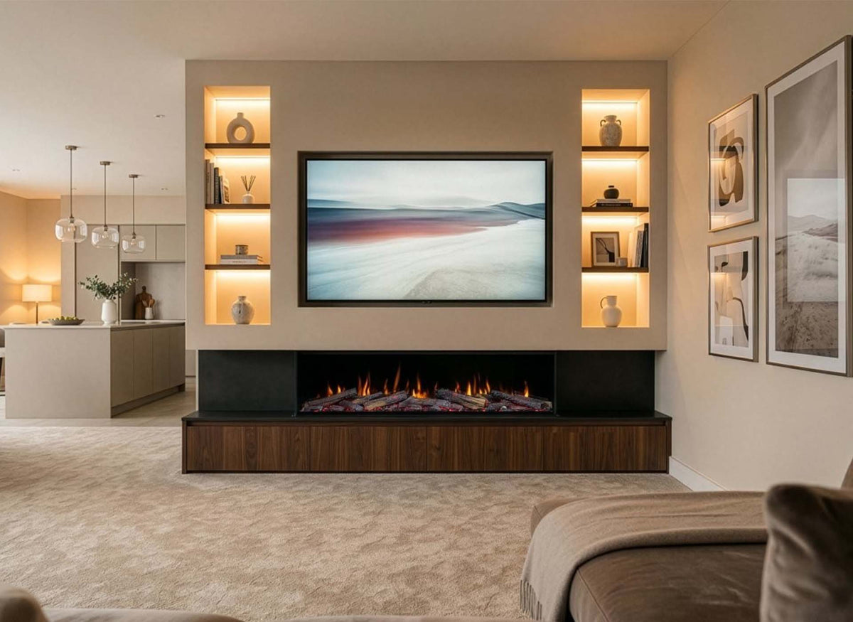 Trimline Fires 150E Solus Plus in moderne woonkamer, met brede haard onder een televisie.