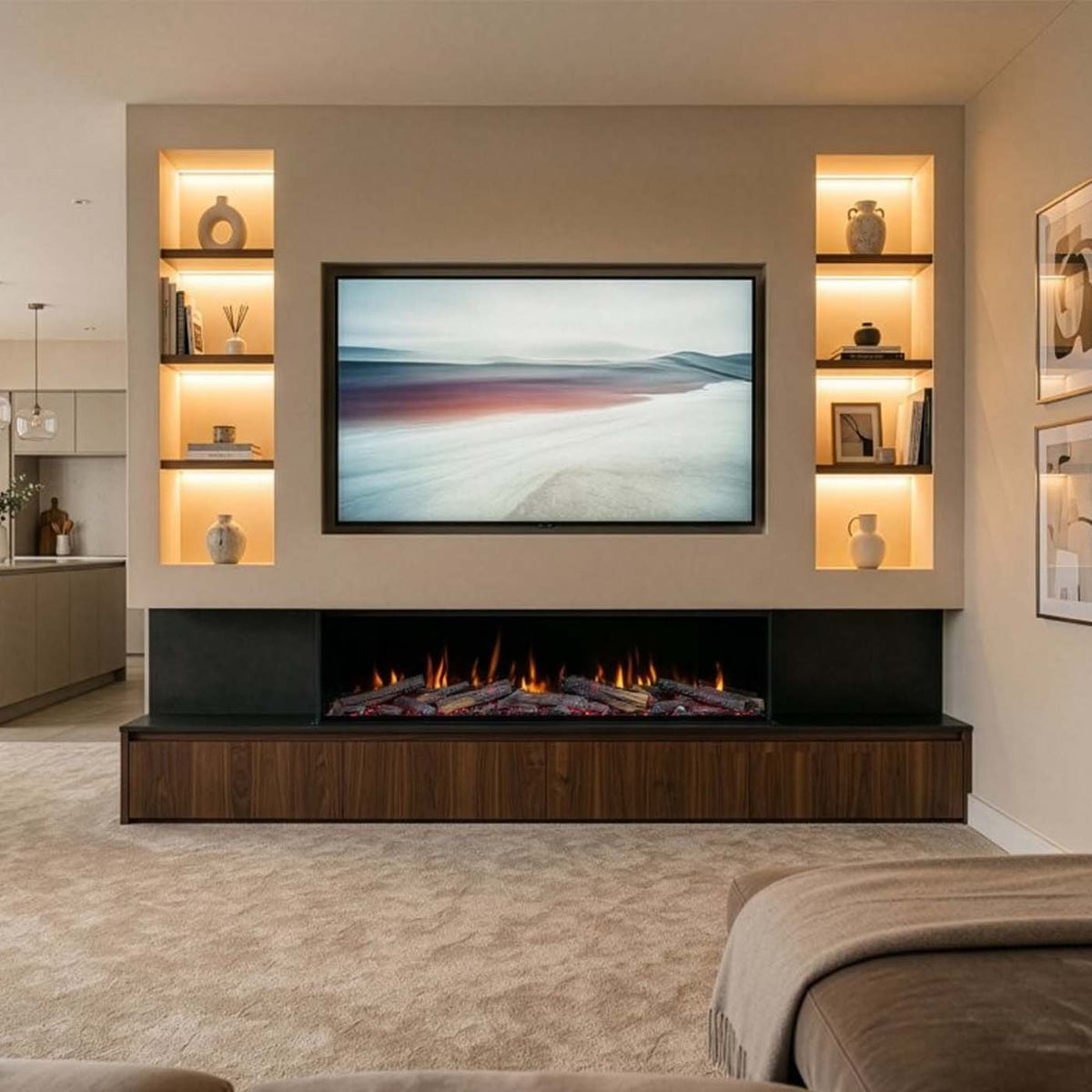Trimline Fires 150E Solus Plus brandt onder een televisie in een woonkamerwand met verlichte nissen.