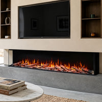 Trimline Fires 180E Solus Plus als brede elektrische haard met vlammen in een moderne woonkamer