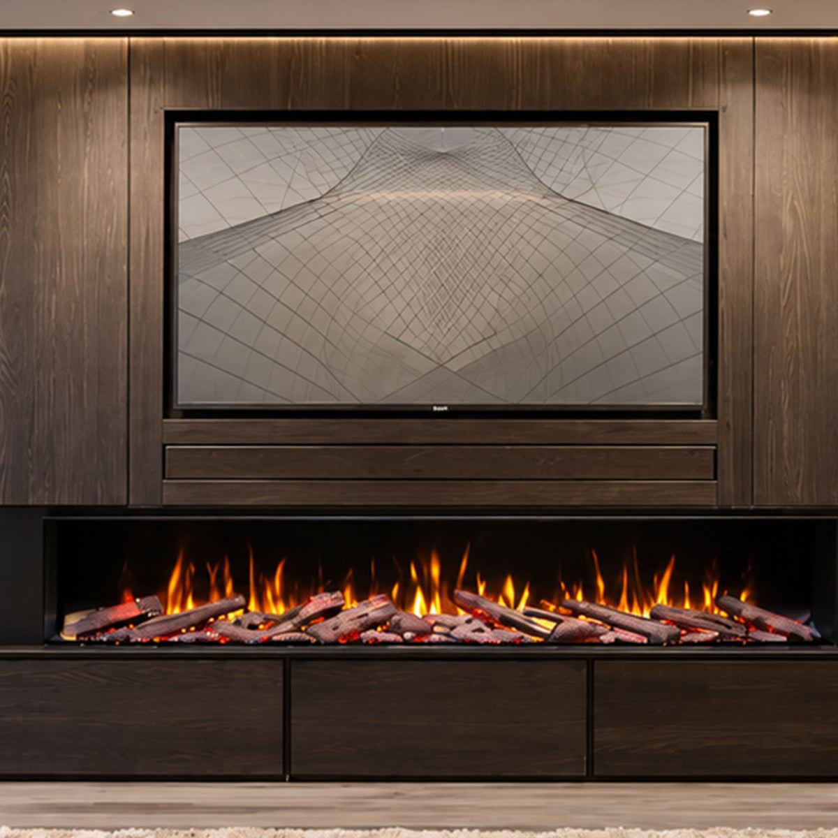 Trimline Fires 220E Solus Plus ingebouwd in een houten wand met vlammend houtvuur