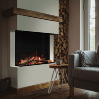 Trimline Fires 75E Solus in moderne woonkamer met ingebouwde haard en vlammen
