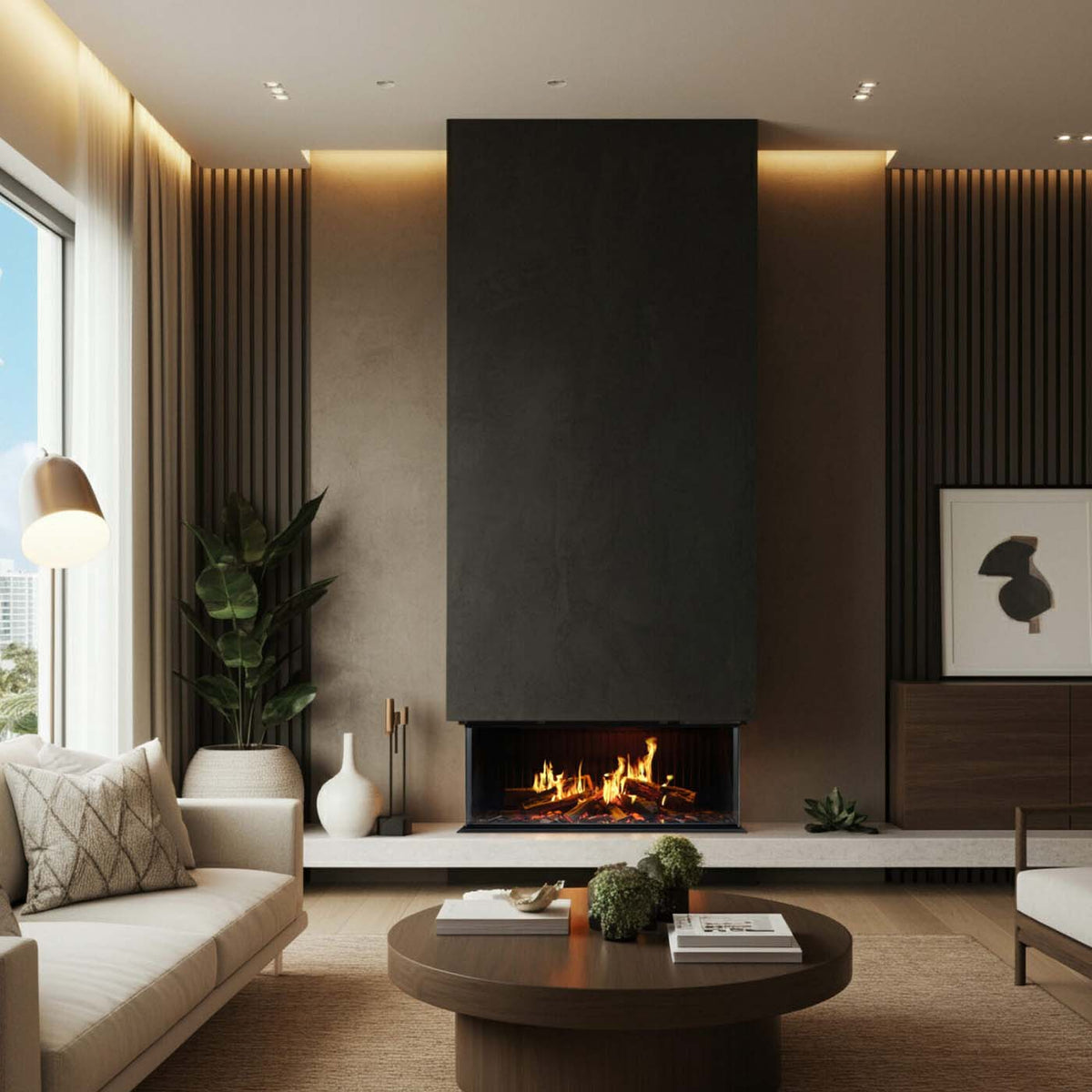 Trimline Fires iX10 Solus in moderne woonkamer met brandend haardvuur
