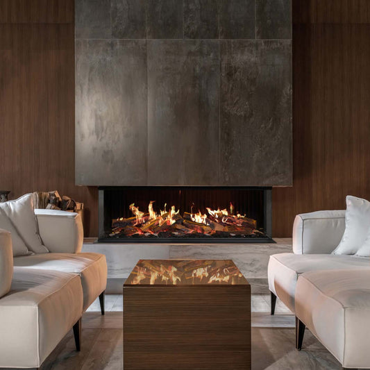 Trimline Fires iX13 Solus ingebouwd in moderne woonkamer met vlammen