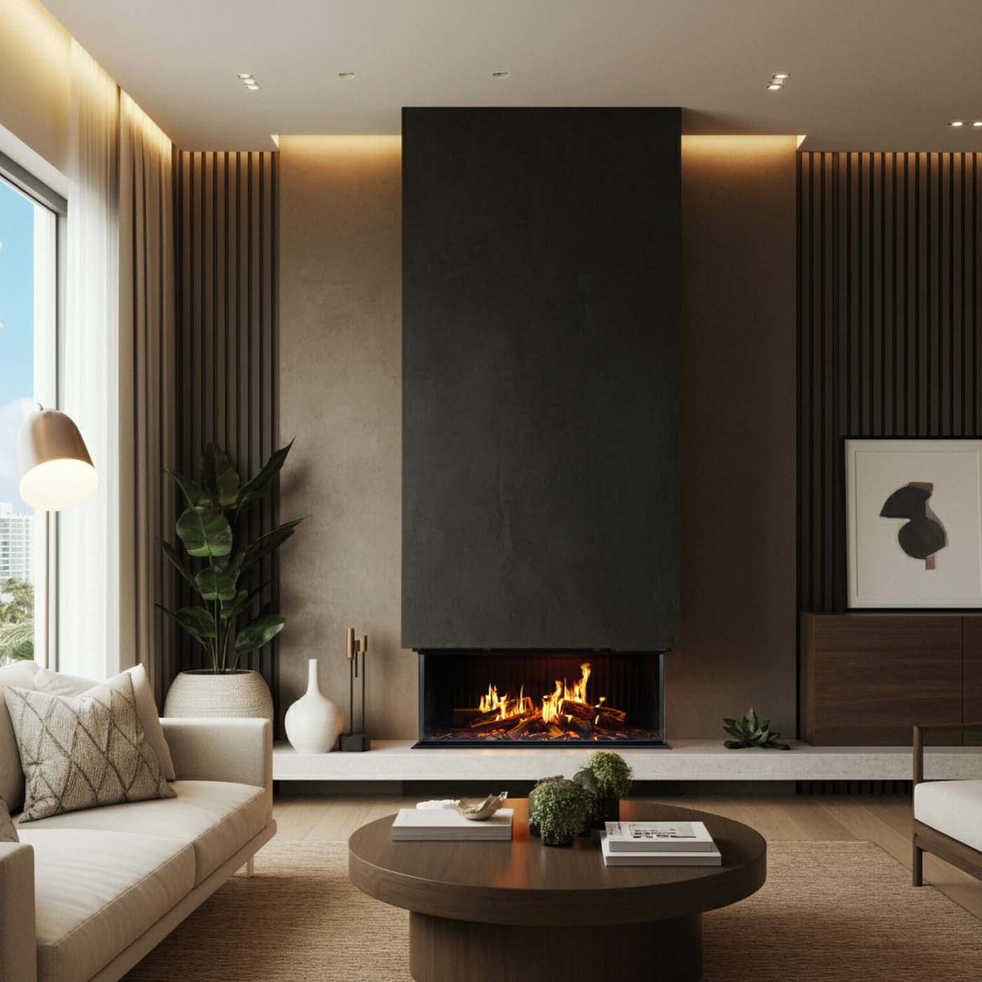 Trimline Fires iX10 Solus in moderne woonkamer met brandend haardvuur