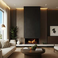 Trimline Fires iX10 Solus in moderne woonkamer met brandend haardvuur