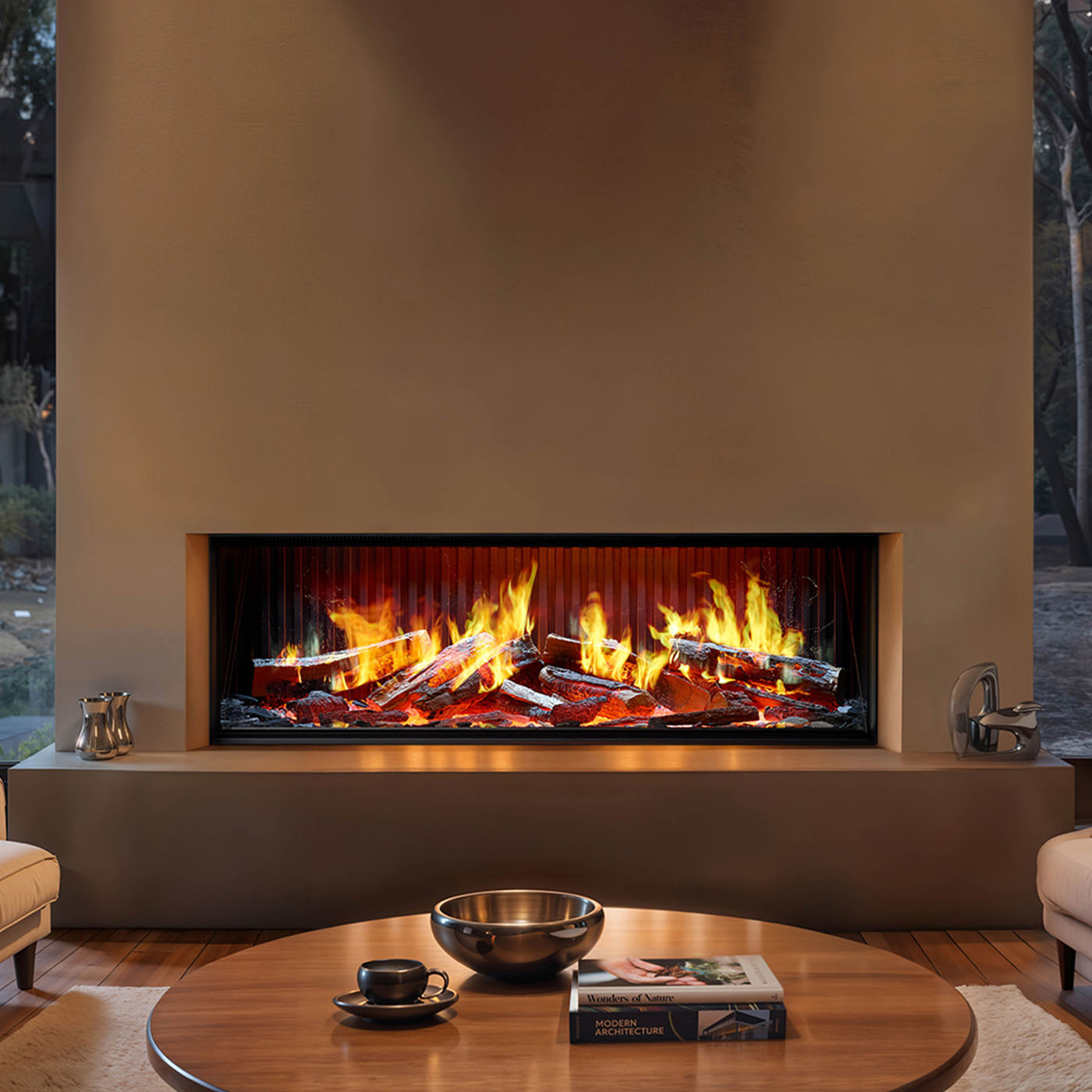 Trimline Fires iX13 Solus in moderne woonkamer met brede haard en vlammen