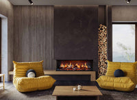 Trimline Fires iX13 Solus in moderne woonkamer met brede haard en vlammen