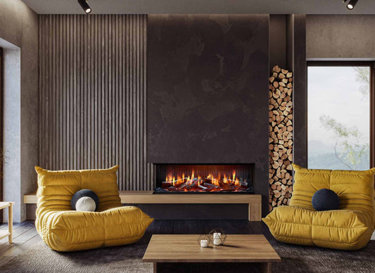 Trimline Fires iX13 Solus in moderne woonkamer met brede haard en vlammen