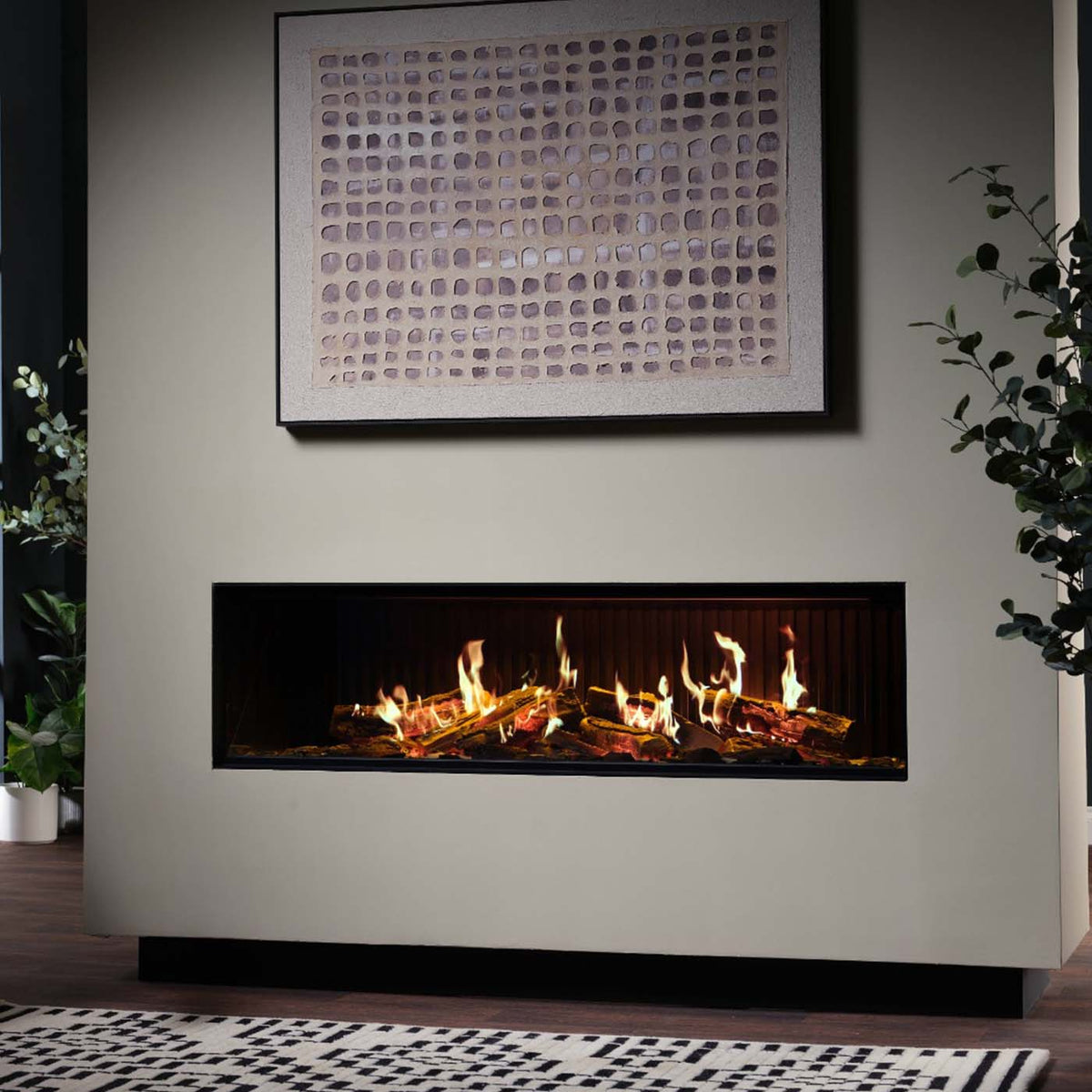 Trimline Fires iX15 Solus in moderne woonkamer met brede vlammenhaard
