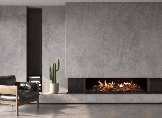 Trimline Fires iX15 Solus in moderne woonkamer met inbouwhaard en vlammen