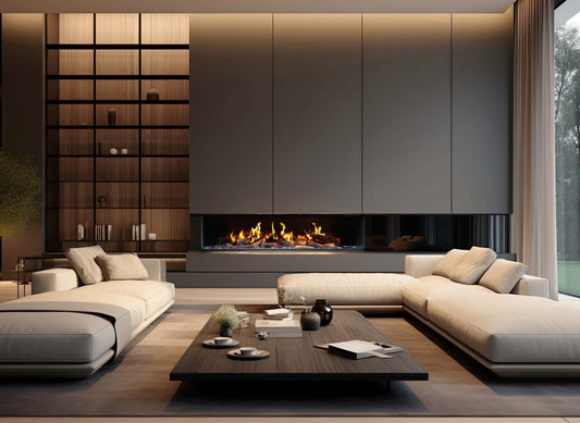 Trimline Fires iX18 Solus in moderne woonkamer met haard en vlammen