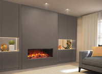 Fair Fires Tru Vizion Solution 1250 ingebouwd in moderne woonkamer met vlammen