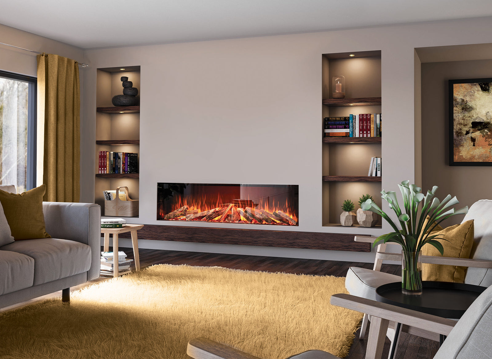 Fair Fires Tru Vizion Solution 1750 in moderne woonkamer met ingebouwde haard