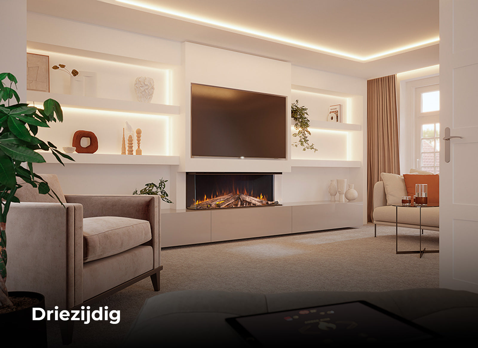 Dru Valo 130 in moderne woonkamer met ingebouwde haard en tv-wand