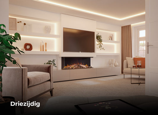 Dru Valo 130 in moderne woonkamer met ingebouwde haard en tv-wand