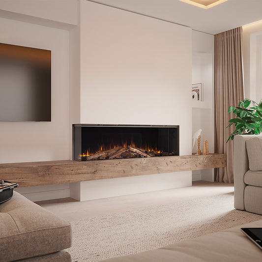 Dru Valo 150 ingebouwde haard in moderne woonkamer met houten schouw