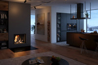 Spartherm Linear Front 74x62 in moderne woonkamer met brandend haardvuur