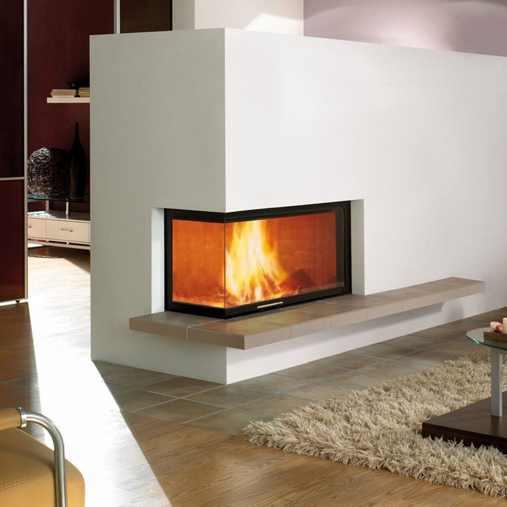 Spartherm Linear Corner 100x41x51 ingebouwd in moderne woonkamer met vlammen