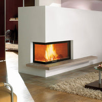 Spartherm Linear Corner 100x41x51 ingebouwd in moderne woonkamer met vlammen