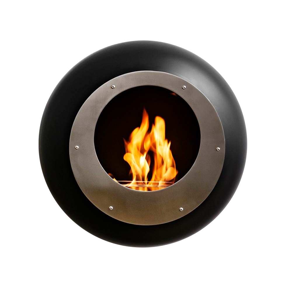 Cocoon Fires Vellum zwart, ronde haard met zichtbare vlammen