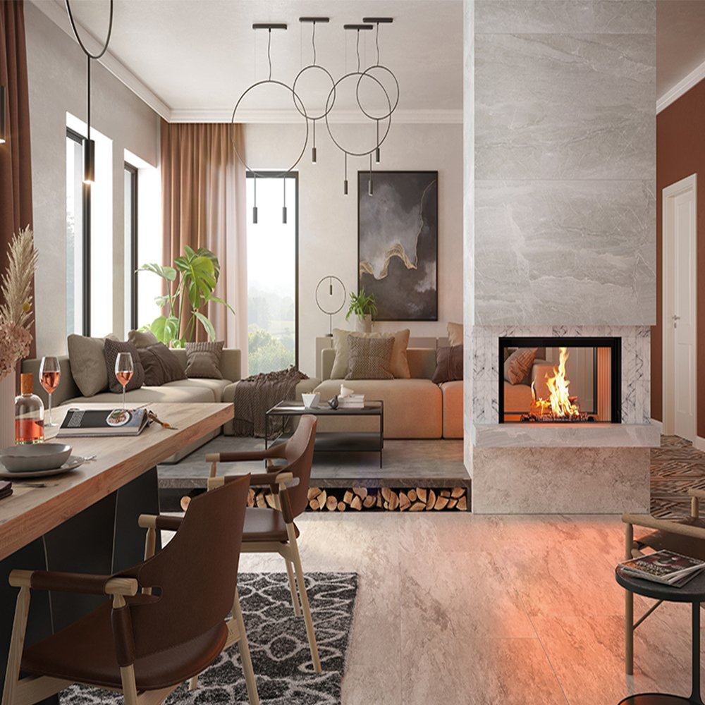 Spartherm Premium Tunnel 87x50 in stijlvolle woonkamer met brandend haardvuur