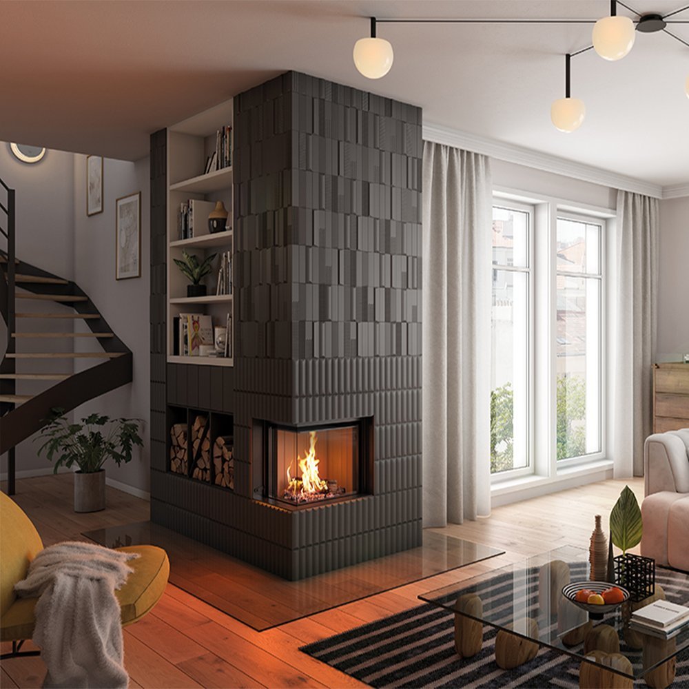 Spartherm Premium Corner 58x39x51 ingebouwd in een moderne woonkamer