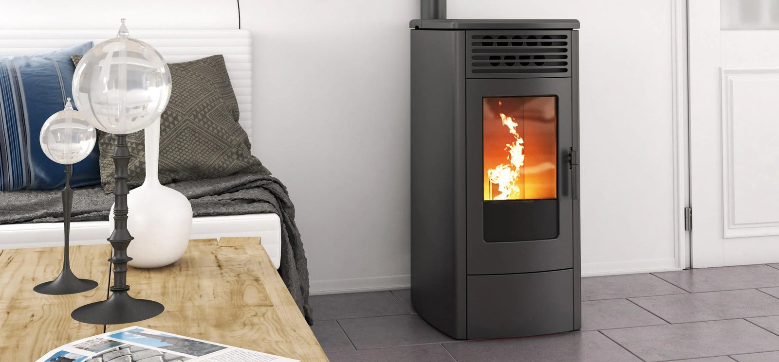 Nordic Fire Viktor 8 Airplus pelletkachel in moderne slaapkamer met brandend vuur